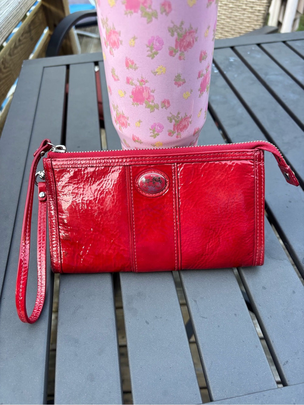 Coach patent leather glossy red top zip wristlet